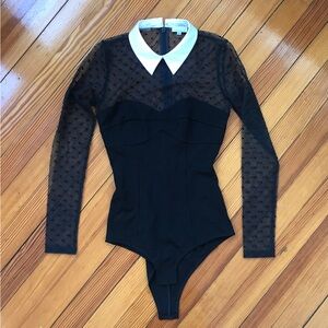 Fleur du Mal Black Sheer Long Sleeve Bodysuit with White Collar